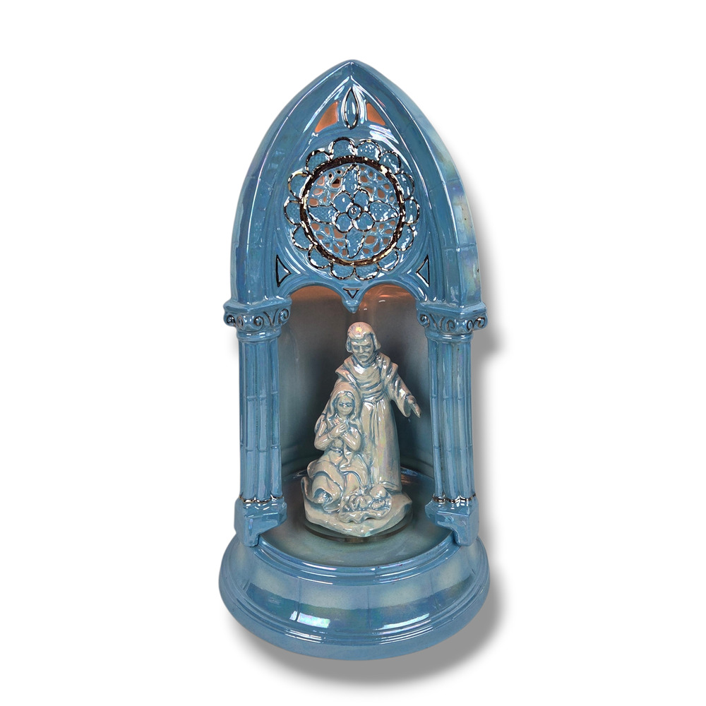 Vintage Iridescent Blue Ceramic Nativity Scene Light-Up Chapel Bethlehem